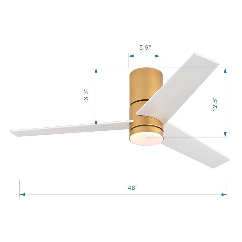 48" Flush Mount Gold Ceiling Fans with LED Lights Remote Control, 3 Blade 48 Inch Bed Bath